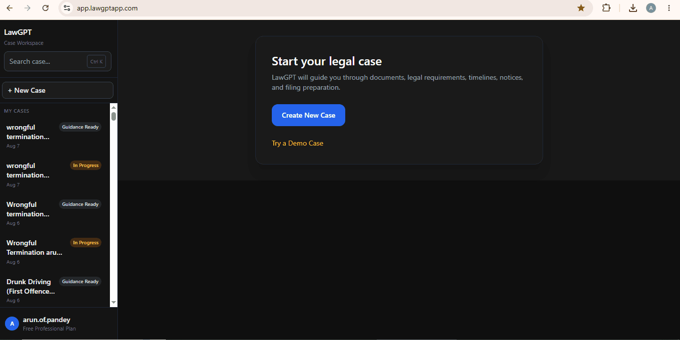 LawGPT case workspace — start a new legal case