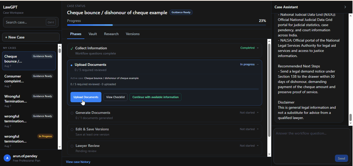 Upload documents for cheque bounce