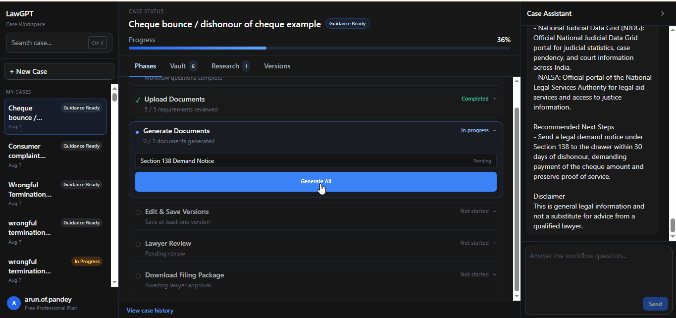 Generate Cheque Bounce documents screen