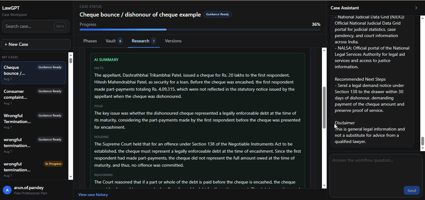 Legal research screen