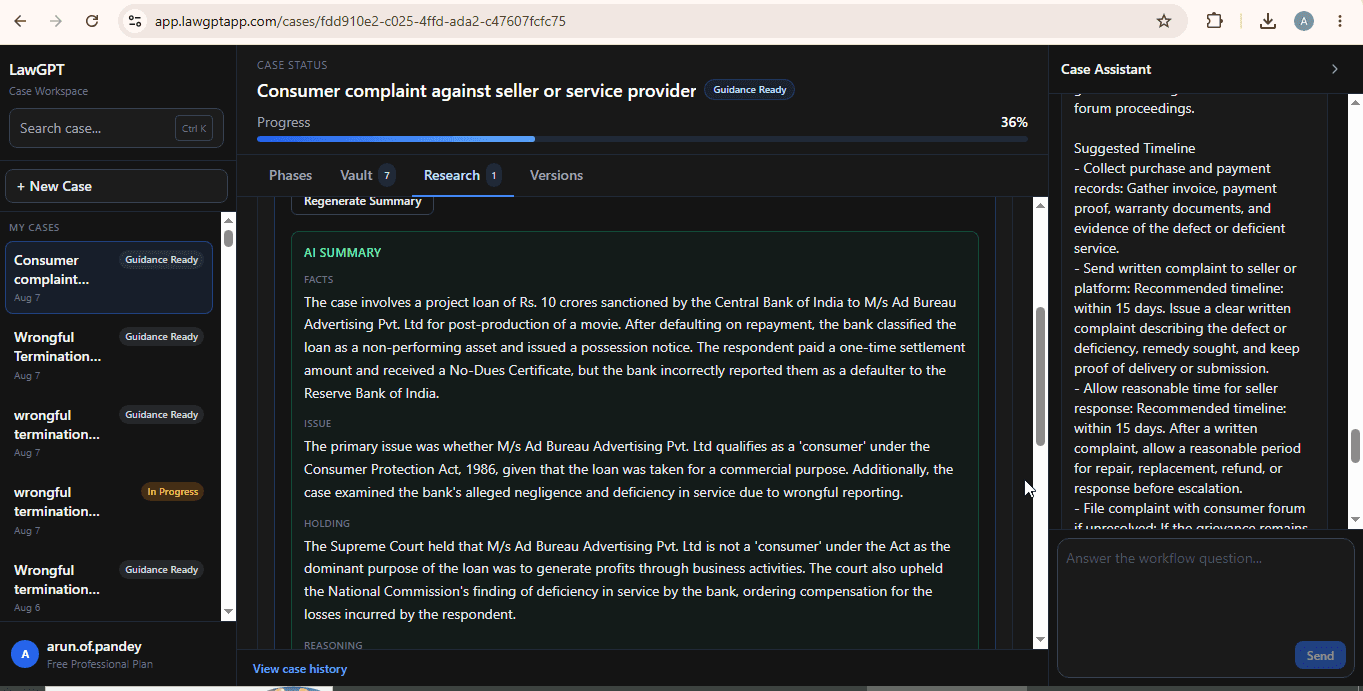 Legal research screen