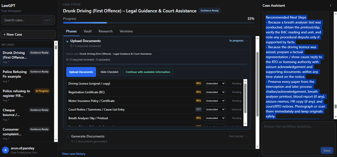 Evidence analysis screen in LawGPT