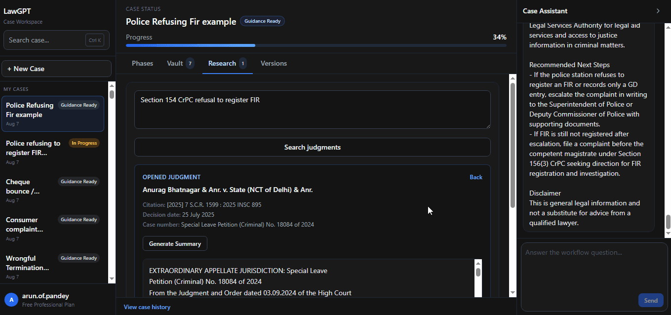 Legal research screen