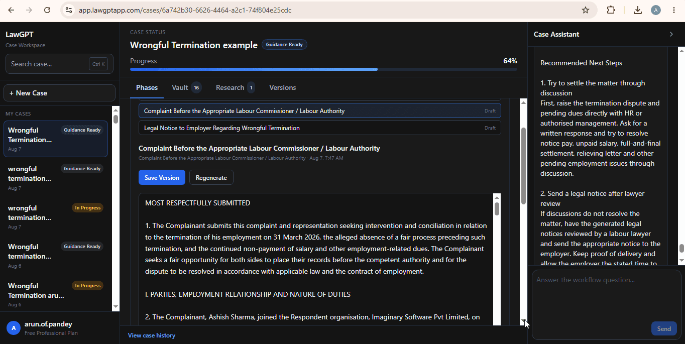 Generated Labour Commissioner complaint draft