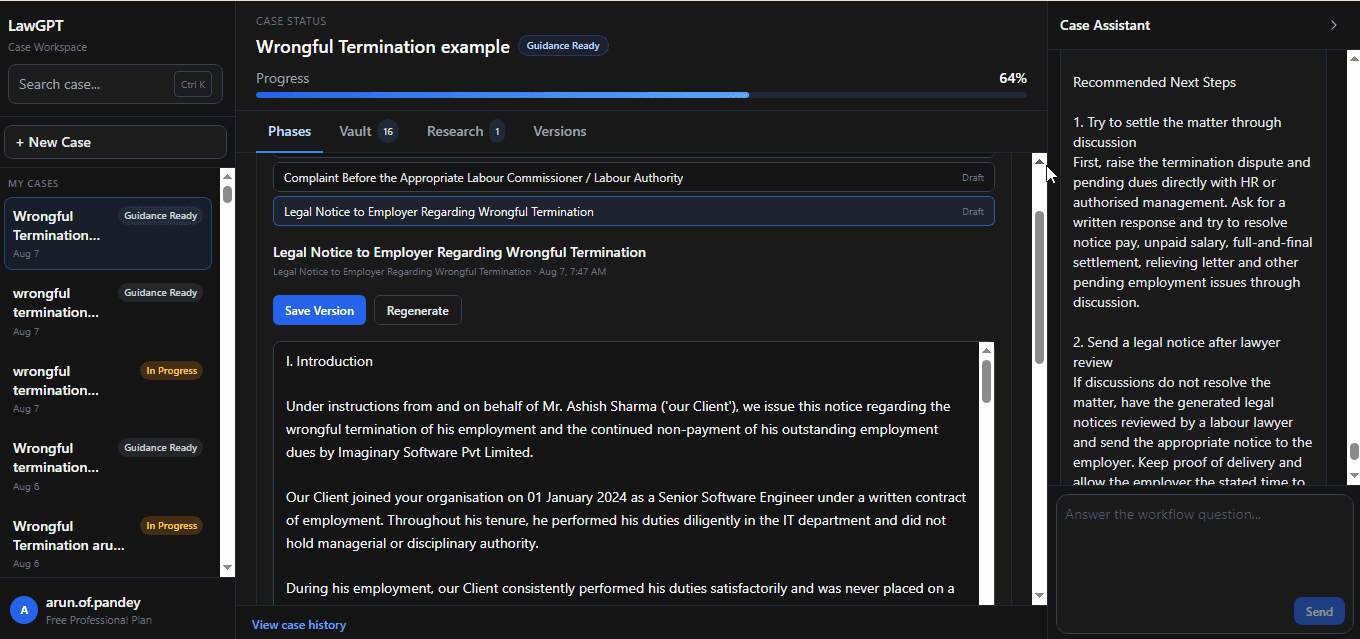 Generated wrongful termination legal notice in LawGPT
