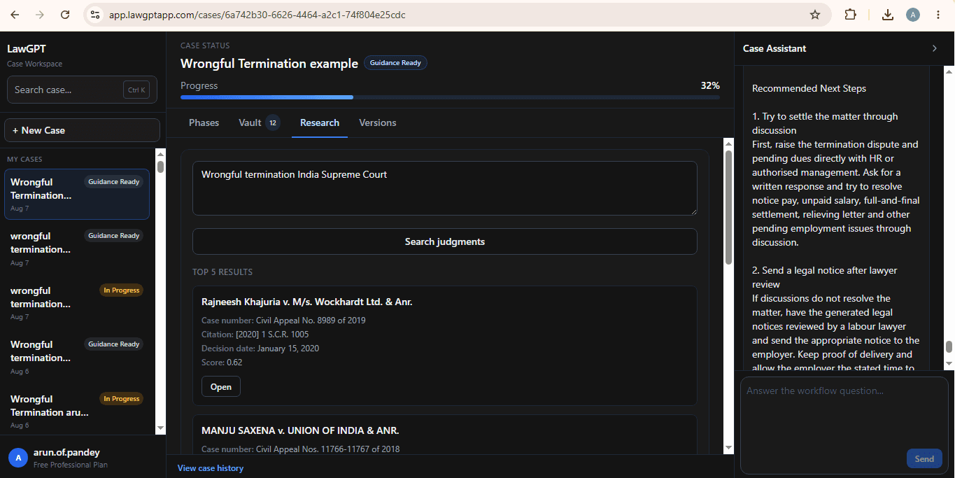 Legal research screen